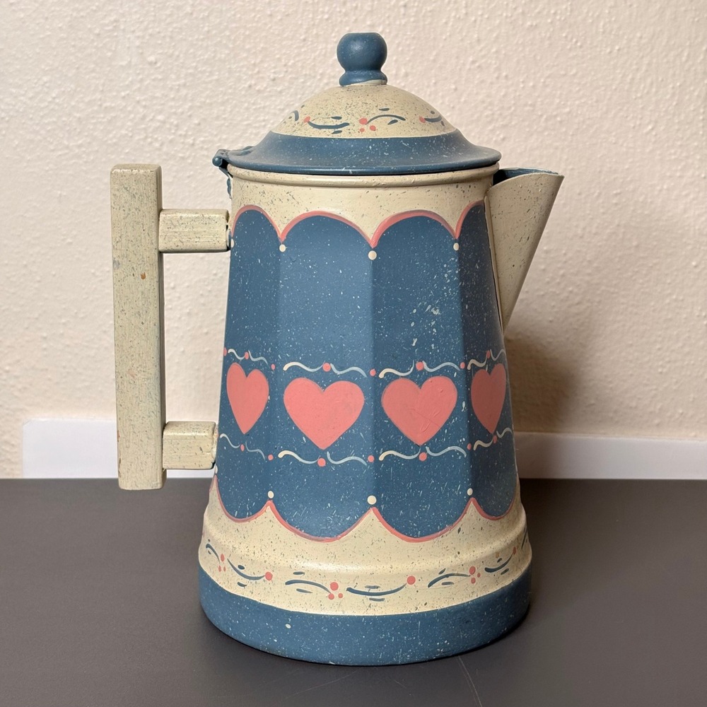 Unbranded Coffee Pot Decor OS Blue Good Vintage Heart Folk Art Metal Tin